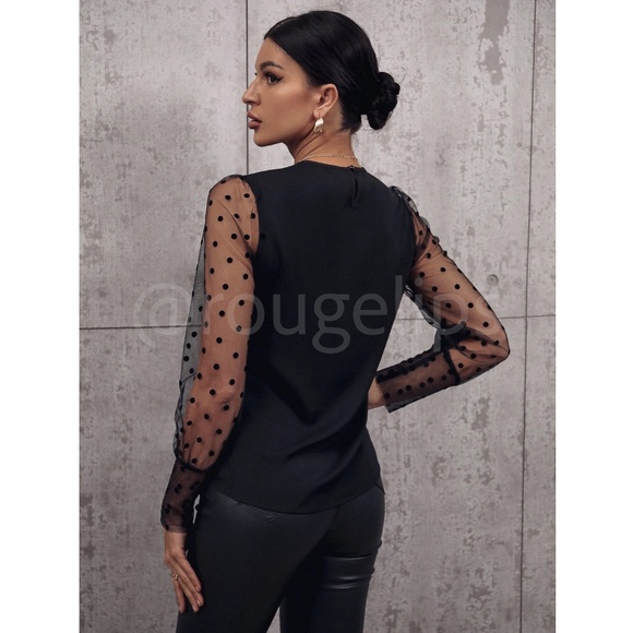 Black Sheer Mesh Detail Polka Dot Shirt Long Sleeve Top - Picture 5 of 7